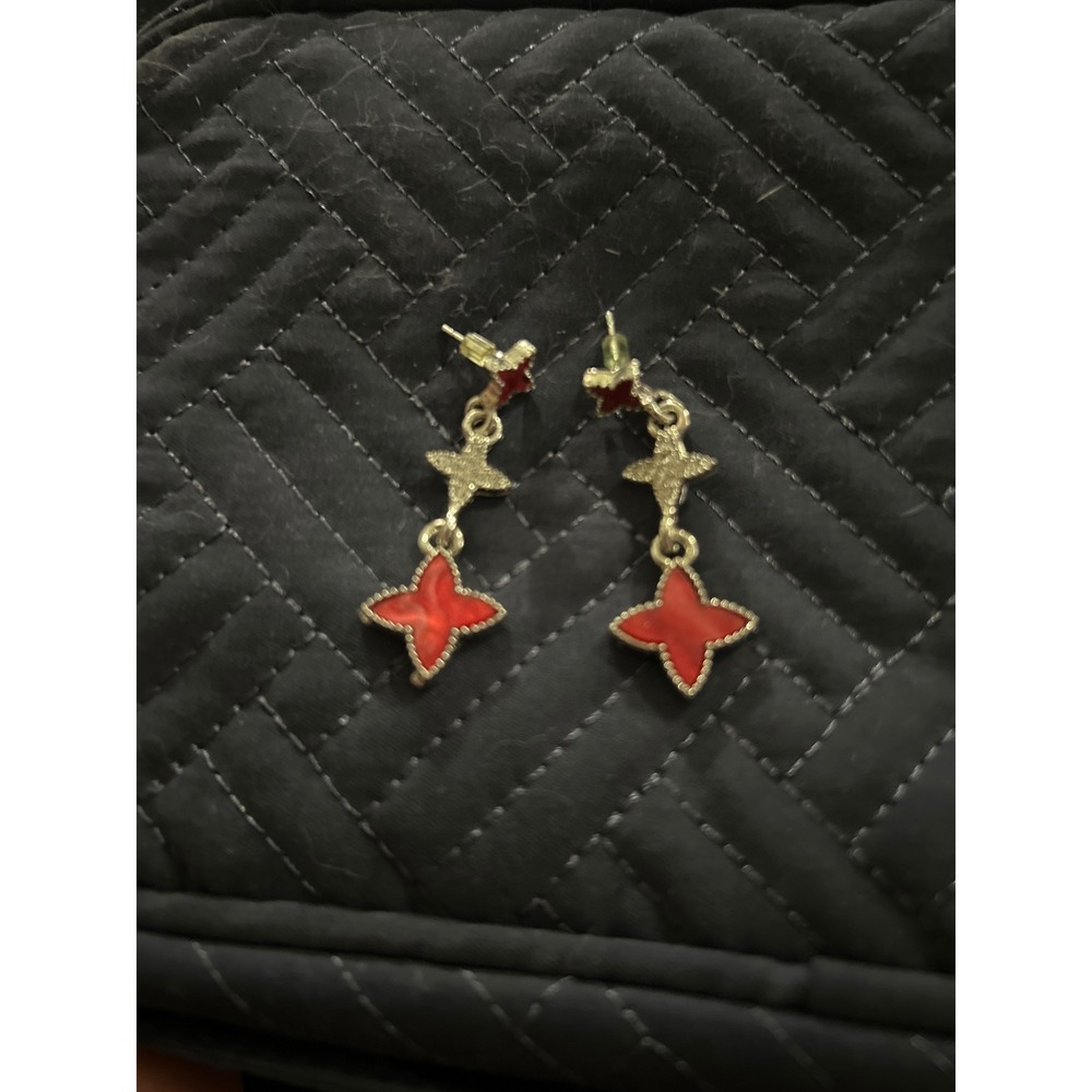 Red Clover Dangle Earrings Gold Tone Four Leaf Fashion‎ Jewelry